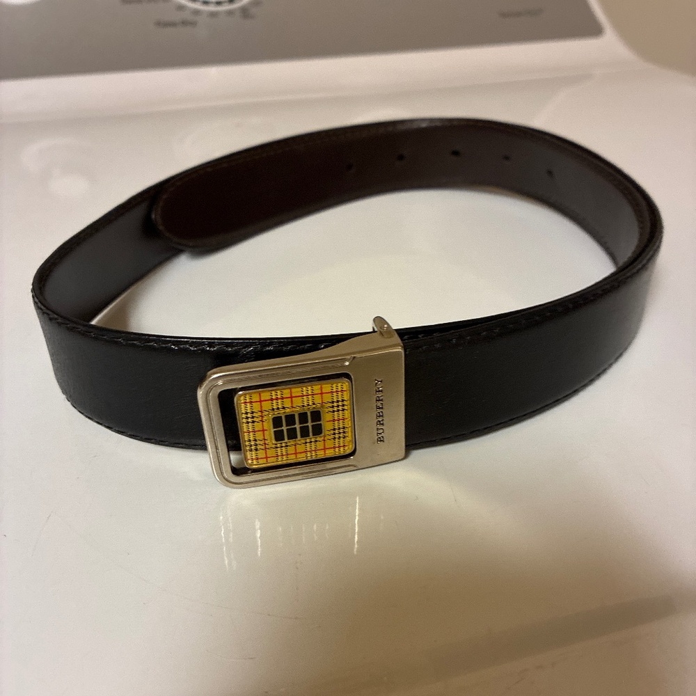 Burberry Black Leather Belt with Yellow Plaid Accent
